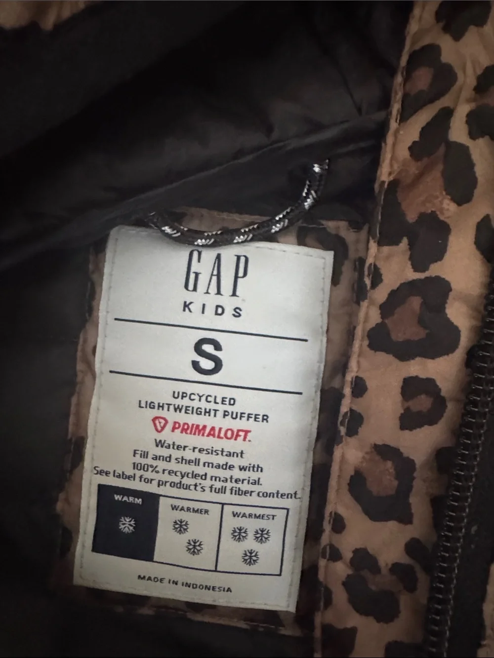 GAP Kids Upcycled Leopard-Print Light Weight Puffer Jacket with Attached Hood S